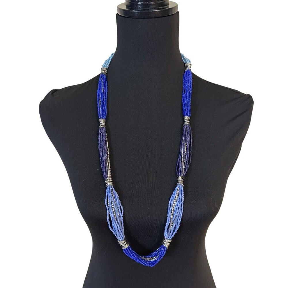 Womens Multi Strand Blue Beaded Necklace 34 Inch Silver Tone Boho